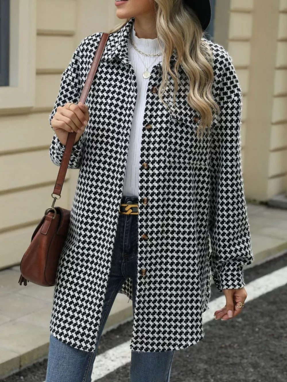 Houndstooth Button Up Long Sleeve Coat, image 3