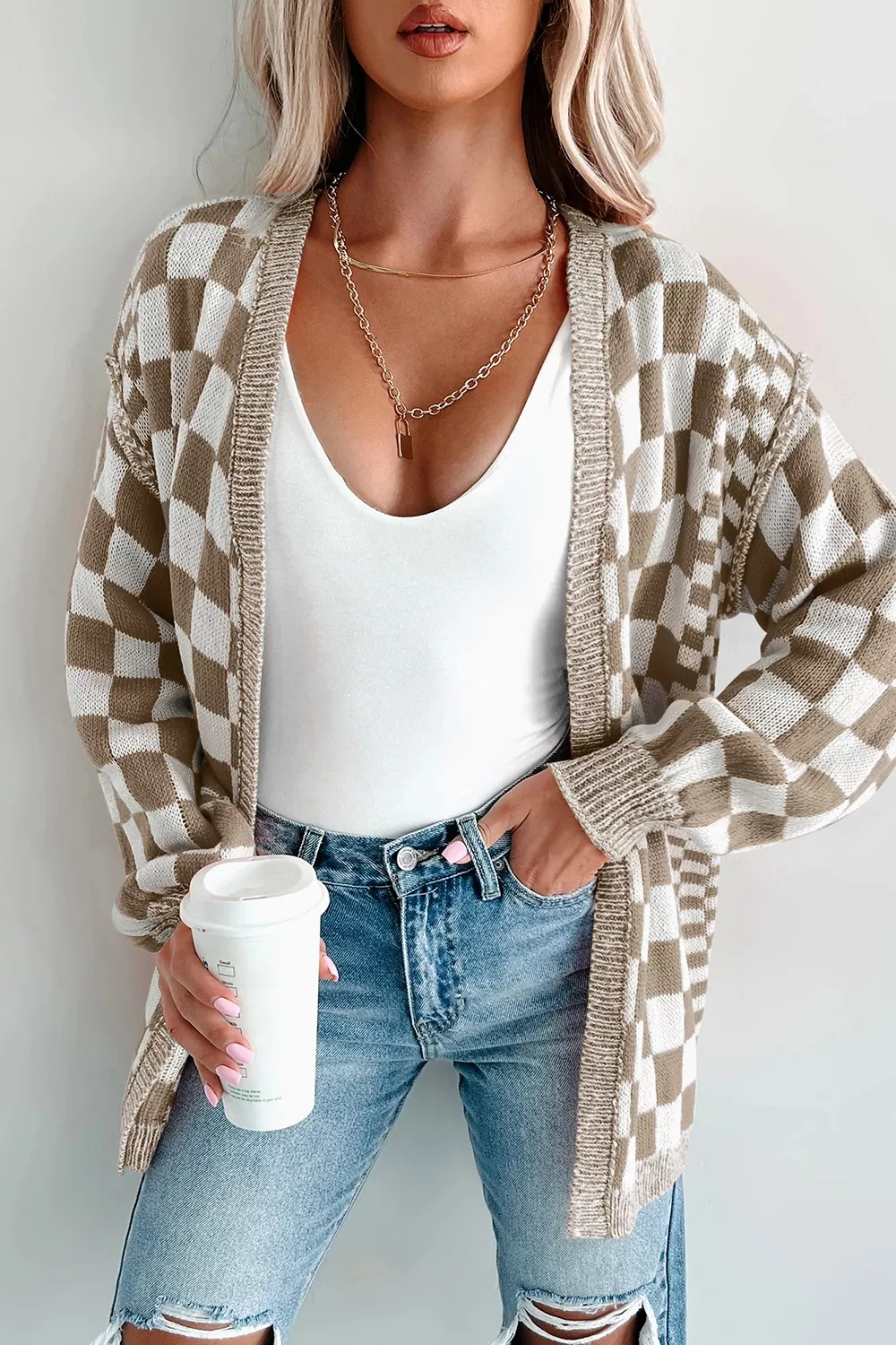 Checkerboard Print Open Front Knit Cardigan, image 5