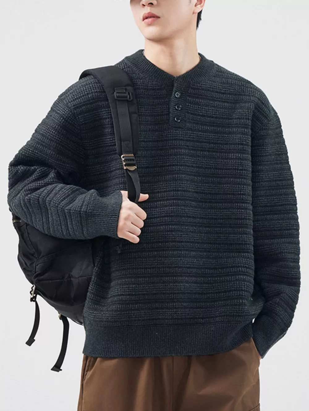 Men's Plus Size Button Detail Long Sleeve Sweater, image 2