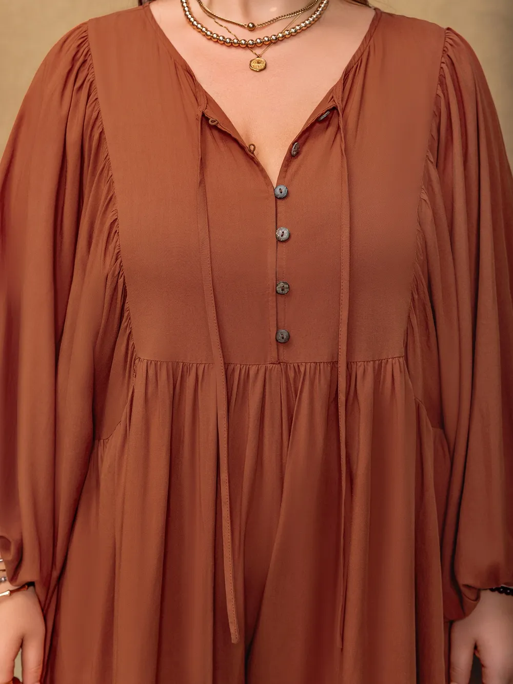 Plus Size Ruched Tie Neck Balloon Sleeve Romper, image 2
