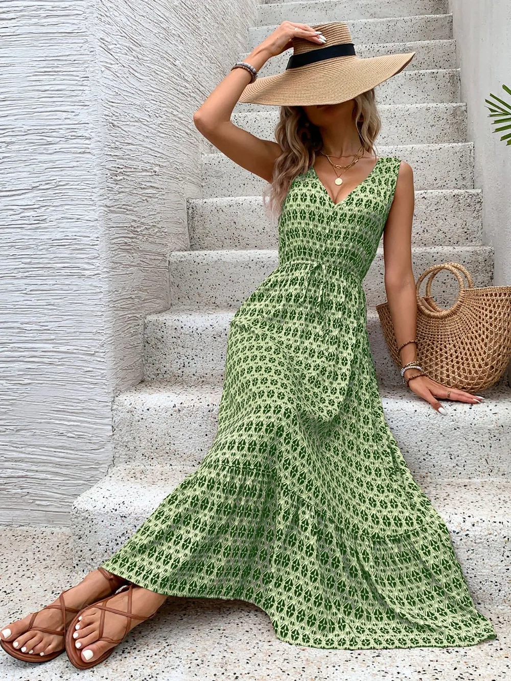 Printed V-Neck Tie Waist Midi Dress, image 6
