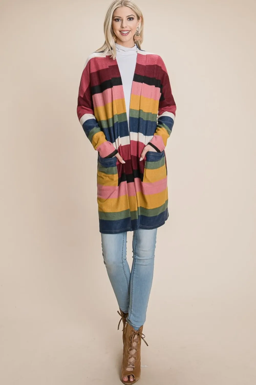 Color Block Striped Open Front Cardigan, image 4