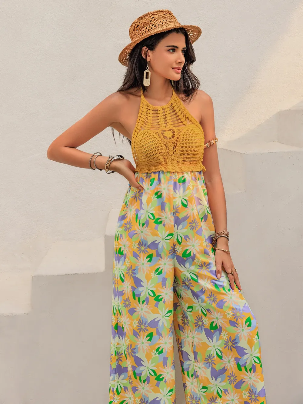 Openwork Halter Neck Floral Wide Leg Jumpsuit, image 4