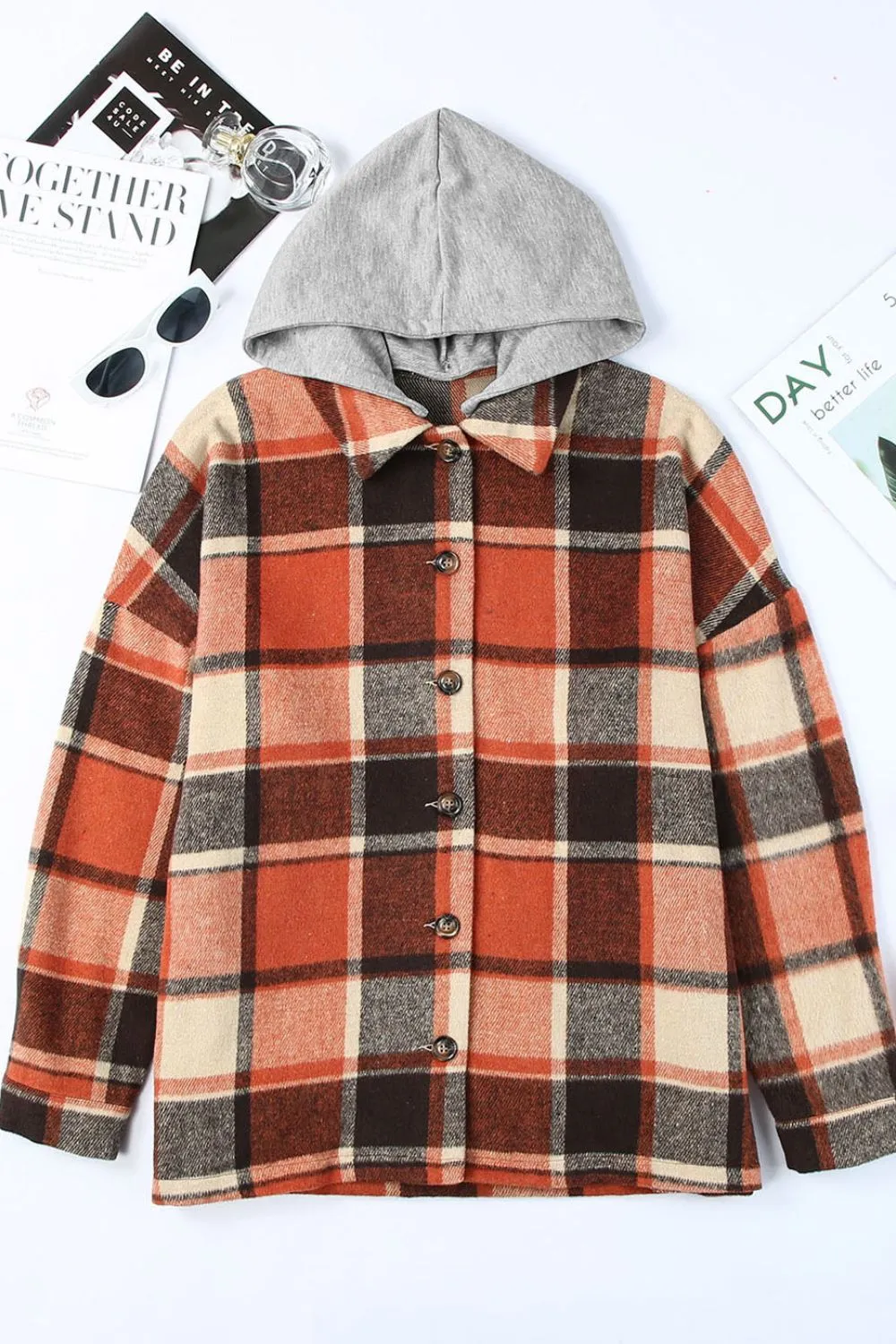 Plaid Button Up Hooded Shacket, image 5