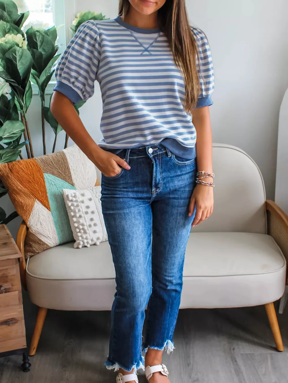 Stripe Short Bubble Sleeve T Shirt, image 5