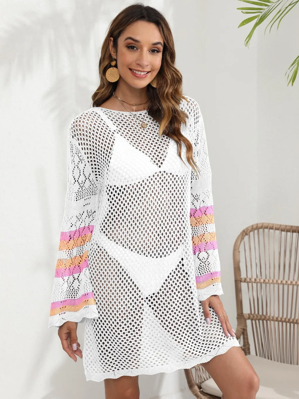 Openwork Contrast Long Sleeve Cover-Up, image 19