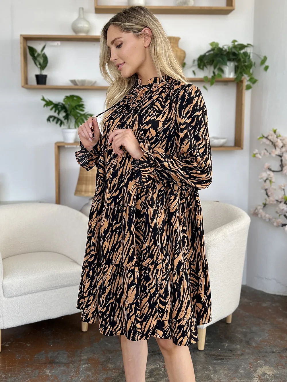 Full Size Printed Ruffle Hem Long Sleeve Dress, image 5