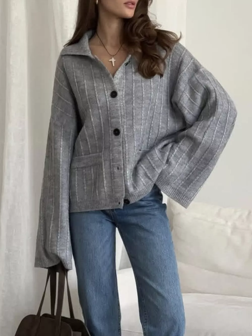 Texture Knit Cardigan with Wide Sleeves and Collar, image 5