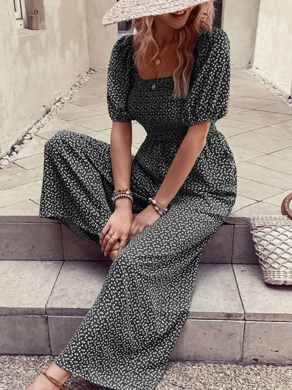 Printed Square Neck Puff Sleeve Jumpsuit, image 15
