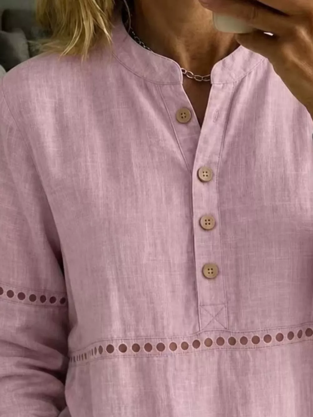 Full Size Button Detail Eyelet Long Sleeve Blouse Plus Size, image 12