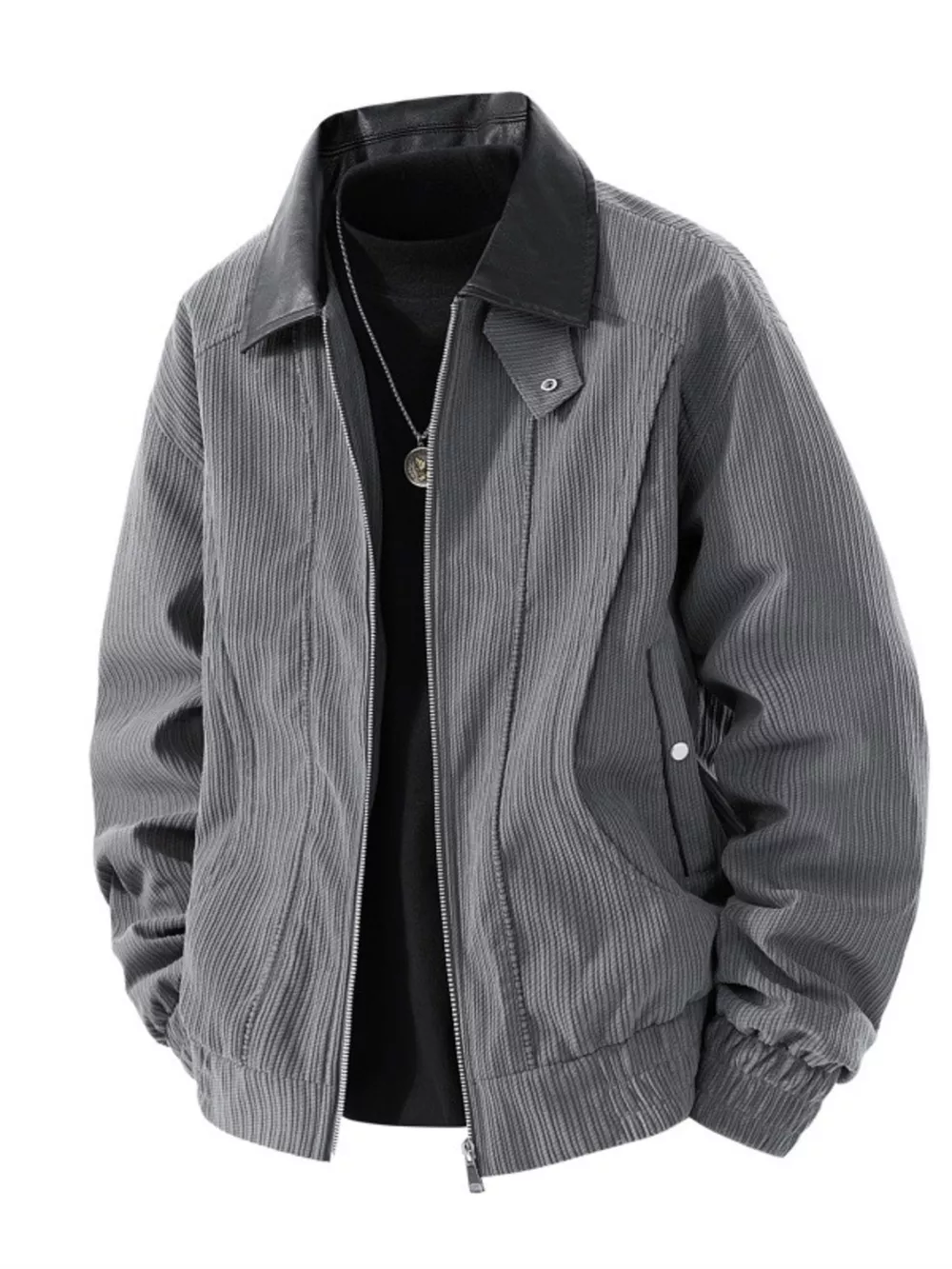 Men's Plus Size Zip Up Corduroy Jacket with Leather Collar, image 3