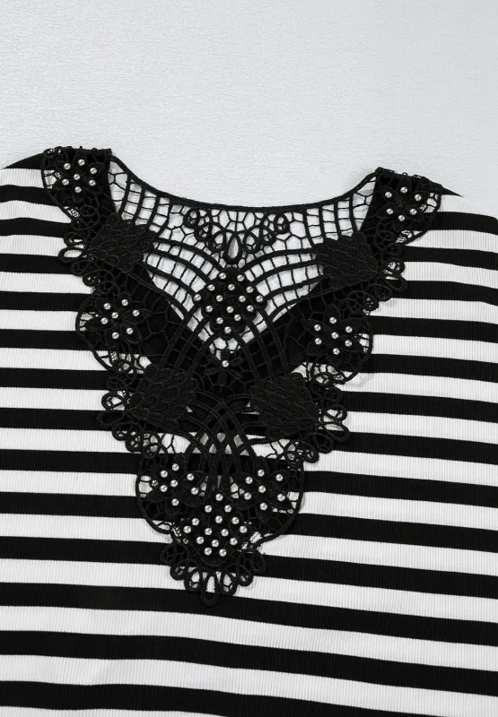 Striped Lace Detail V Neck Top, image 4