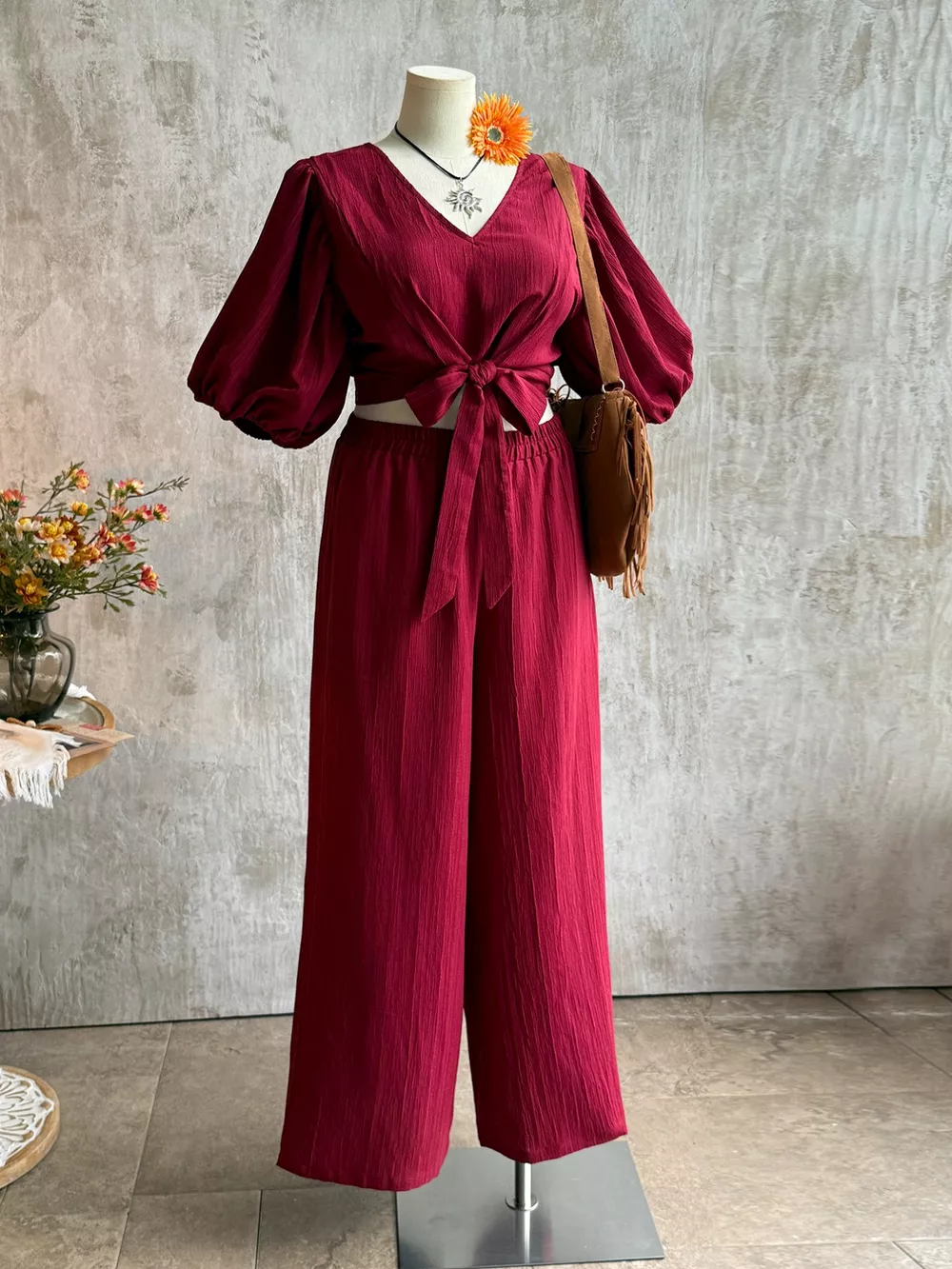 Plus Size Tie-Front Puff Sleeve Top and Wide-Leg Pants Set, image 5