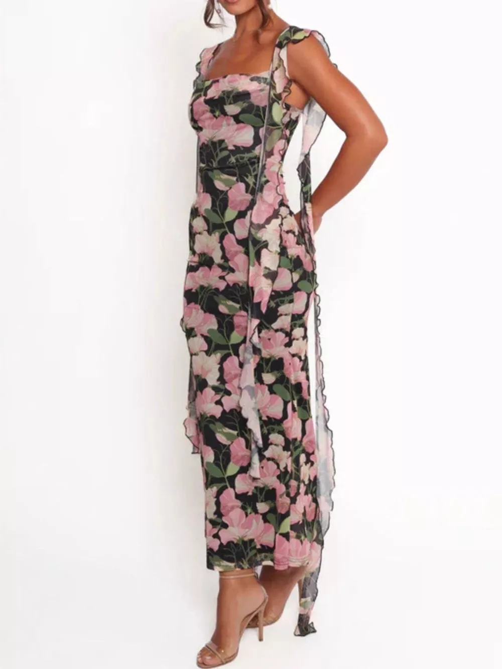 Floral Print Ruffle Trim Bodycon Maxi Dress, image 4