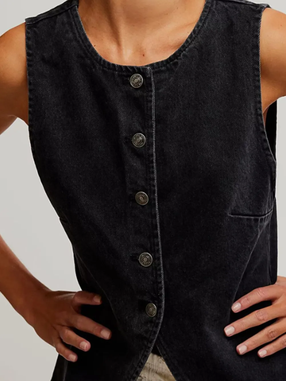 Button Down Round Neck Denim Vest, image 2
