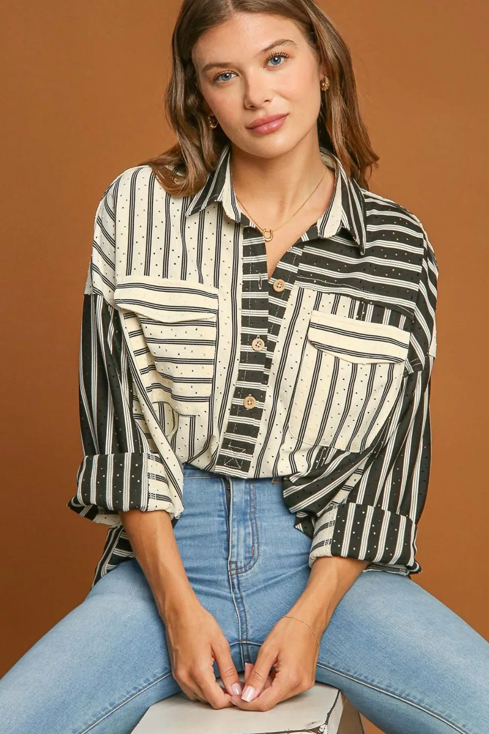 Full Size Pointelle Stripped Half Button Collared Neck Top Plus Size