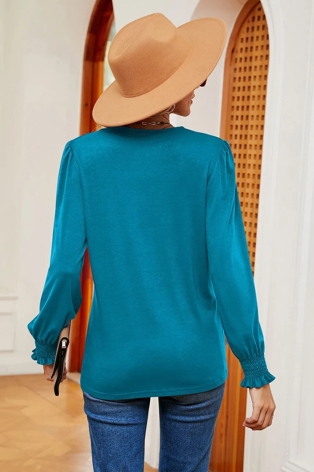 Lace Detail V-Neck Lantern Sleeve T-Shirt, image 32