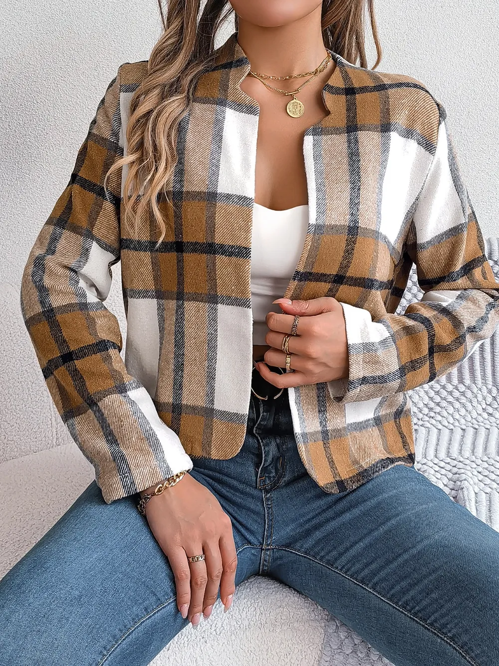 Plaid Open Front Long Sleeve Jacket, image 10