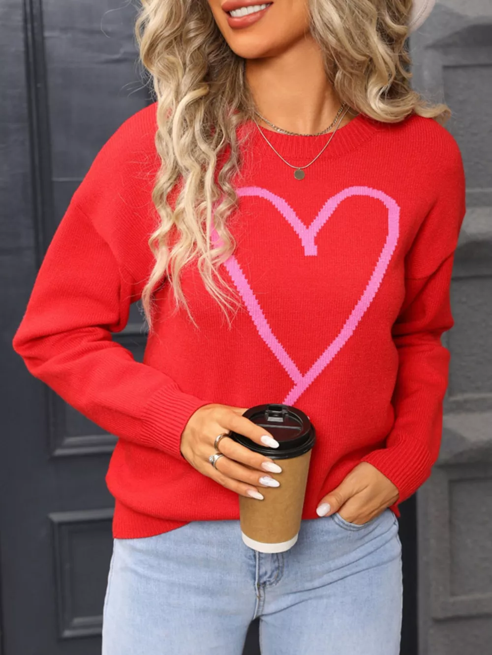 Valentine's Day Heart Graphic Dropped Shoulder Sweater, image 17