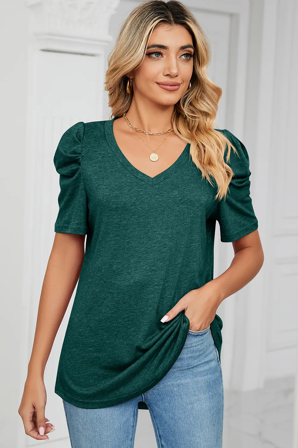 Heathered V-Neck Puff Sleeve T-Shirt, image 25
