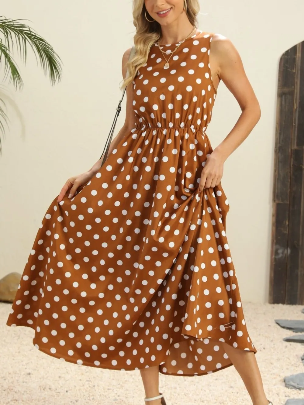 Polka Dot Round Neck Sleeveless Midi Dress, image 4