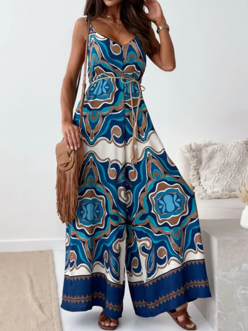 Paisley Print Spaghetti Strap Wide Leg Jumpsuit, image 15