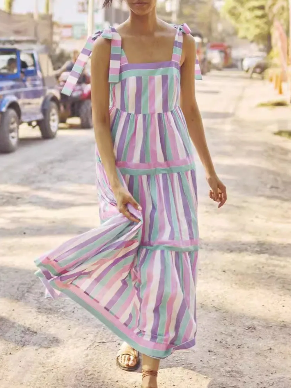 Striped Tiered Maxi Summer Dress with Bow Shoulder Ties, image 2