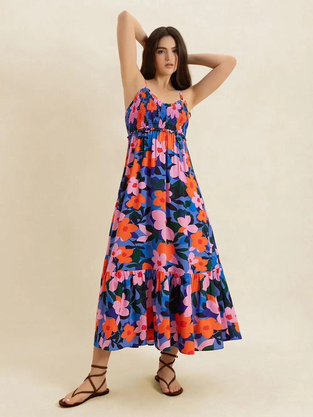 Smocked Back Ruffled Hem Printed Cami Dress, image 3