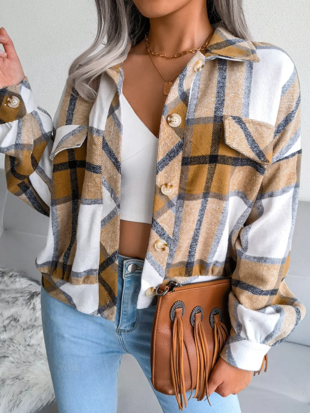 Plaid Collared Neck Long Sleeve Jacket, image 8