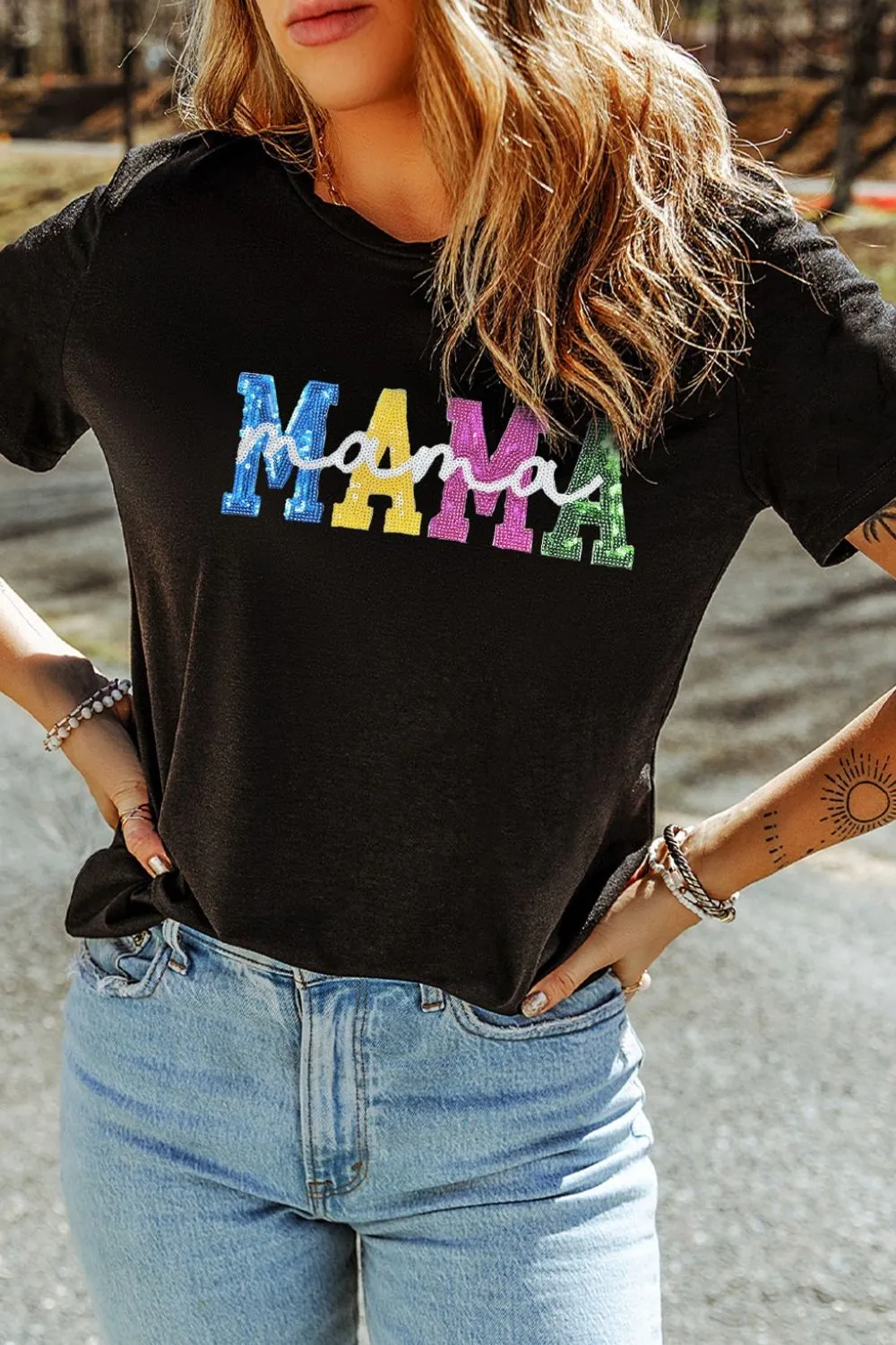 Sequin MAMA Round Neck Short Sleeve T-Shirt, image 2