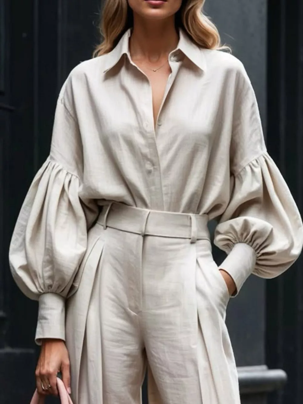Lantern Sleeve Shirt and Wide Leg Pants Set, image 5