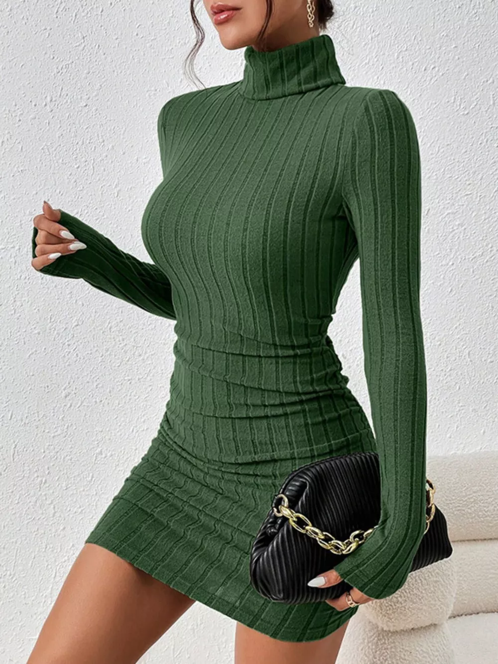 Turtleneck Ribbed Bodycon Mini Dress, image 9