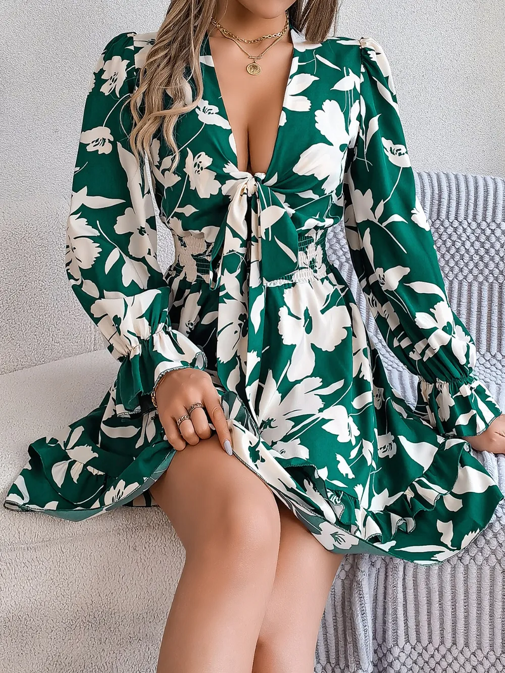 Tied Ruffled Printed Long Sleeve Dress, image 7