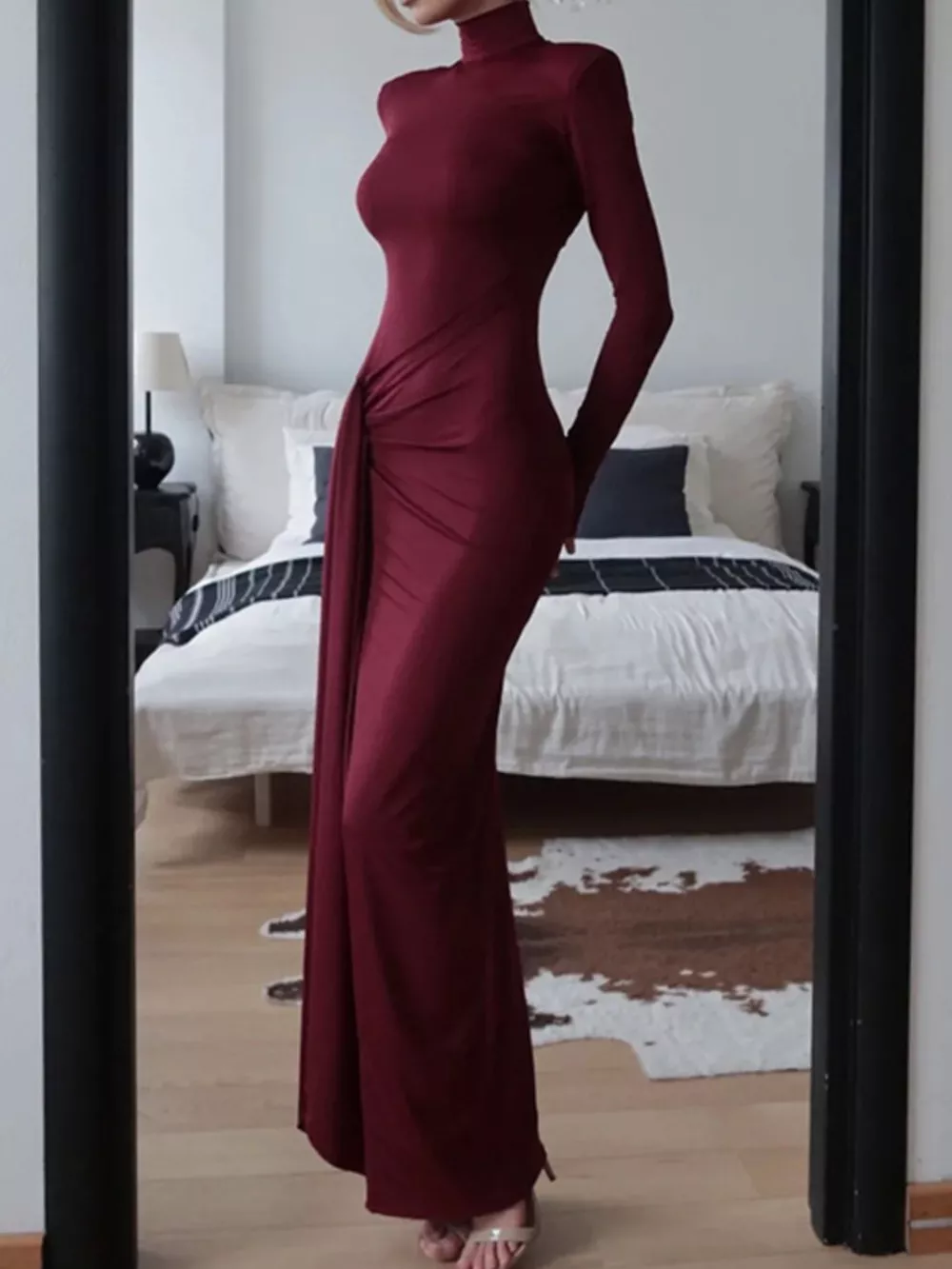 Turtleneck Long Sleeve Slit Maxi Dress, image 6