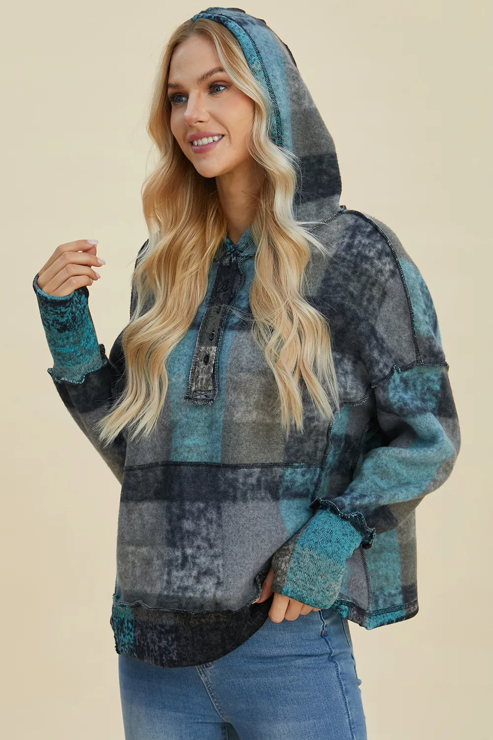 Full Size Plaid Dropped Shoulder Fleece Hoodie, image 8