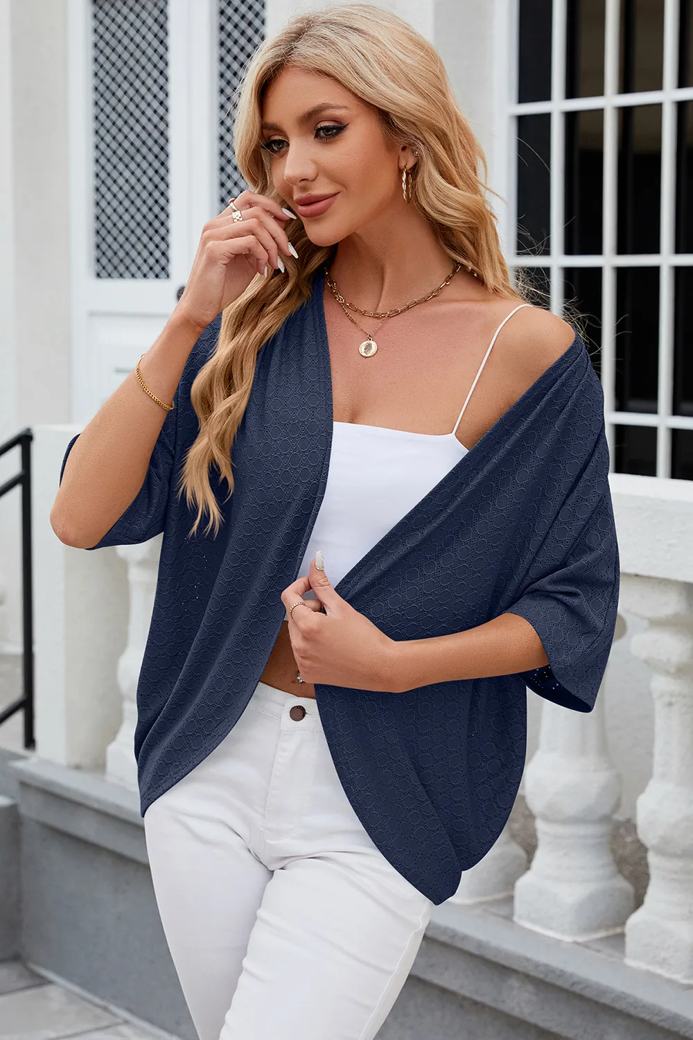 Eyelet Open Front Half Sleeve Cardigan, image 11