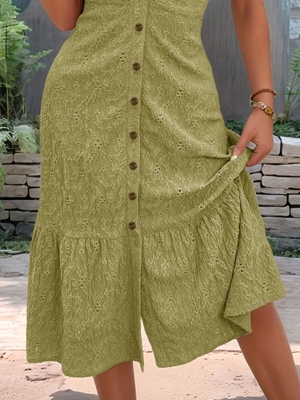 Eyelet Button Front V-Neck Midi Dress, image 6