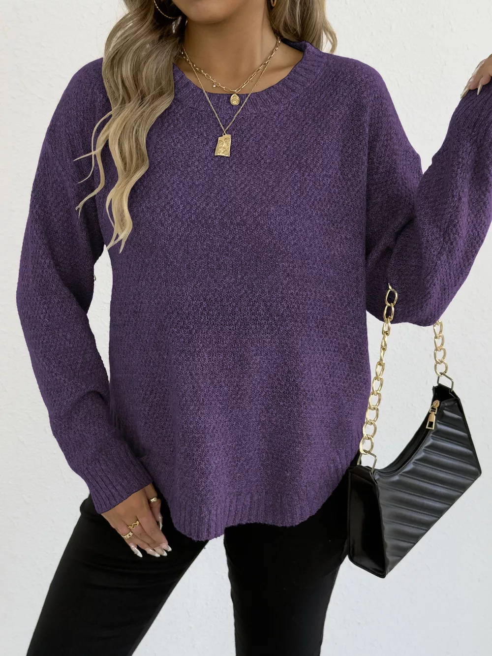 Textured Knit Relaxed Fit Round Neck Sweater, image 28