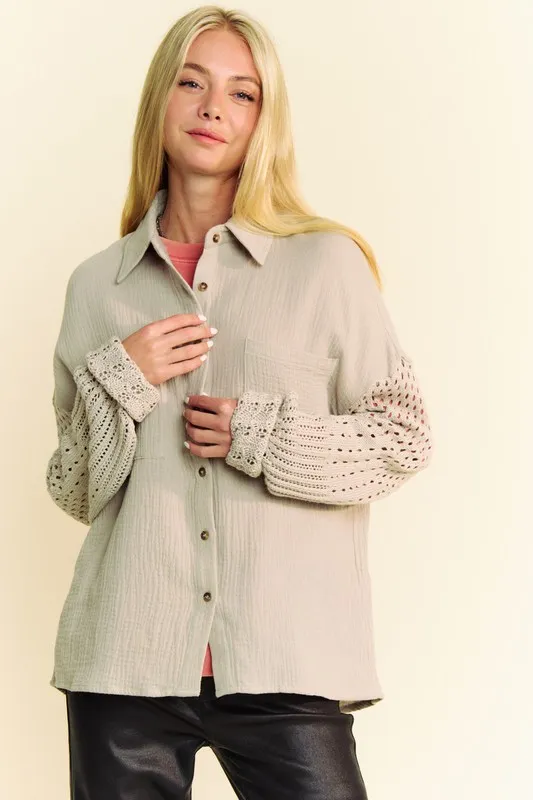 Crochet Sleeve Crinkled Texture Shirt, image 5