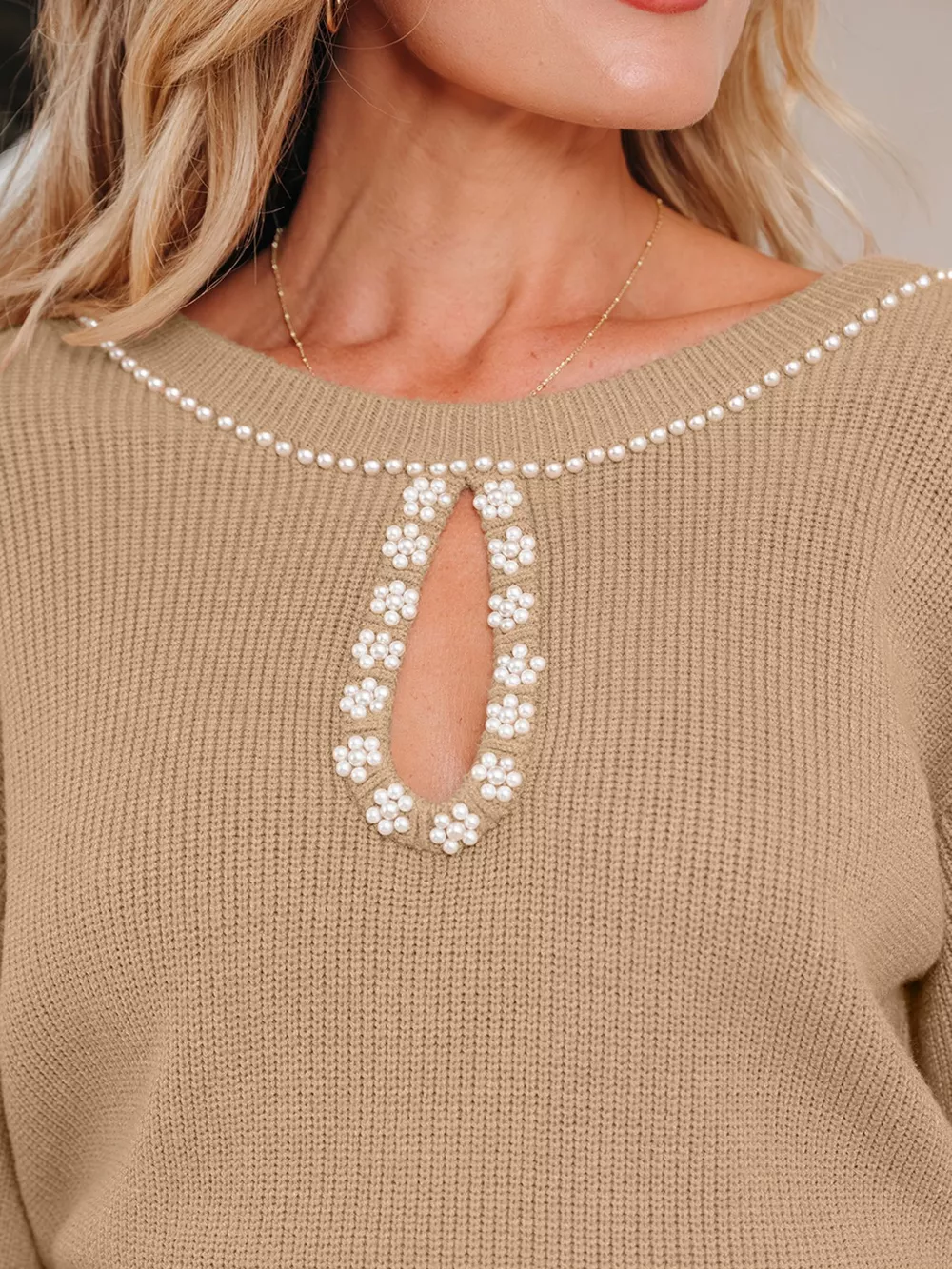 Pearl Embellished Keyhole Ribbed Sweater Dress, image 2