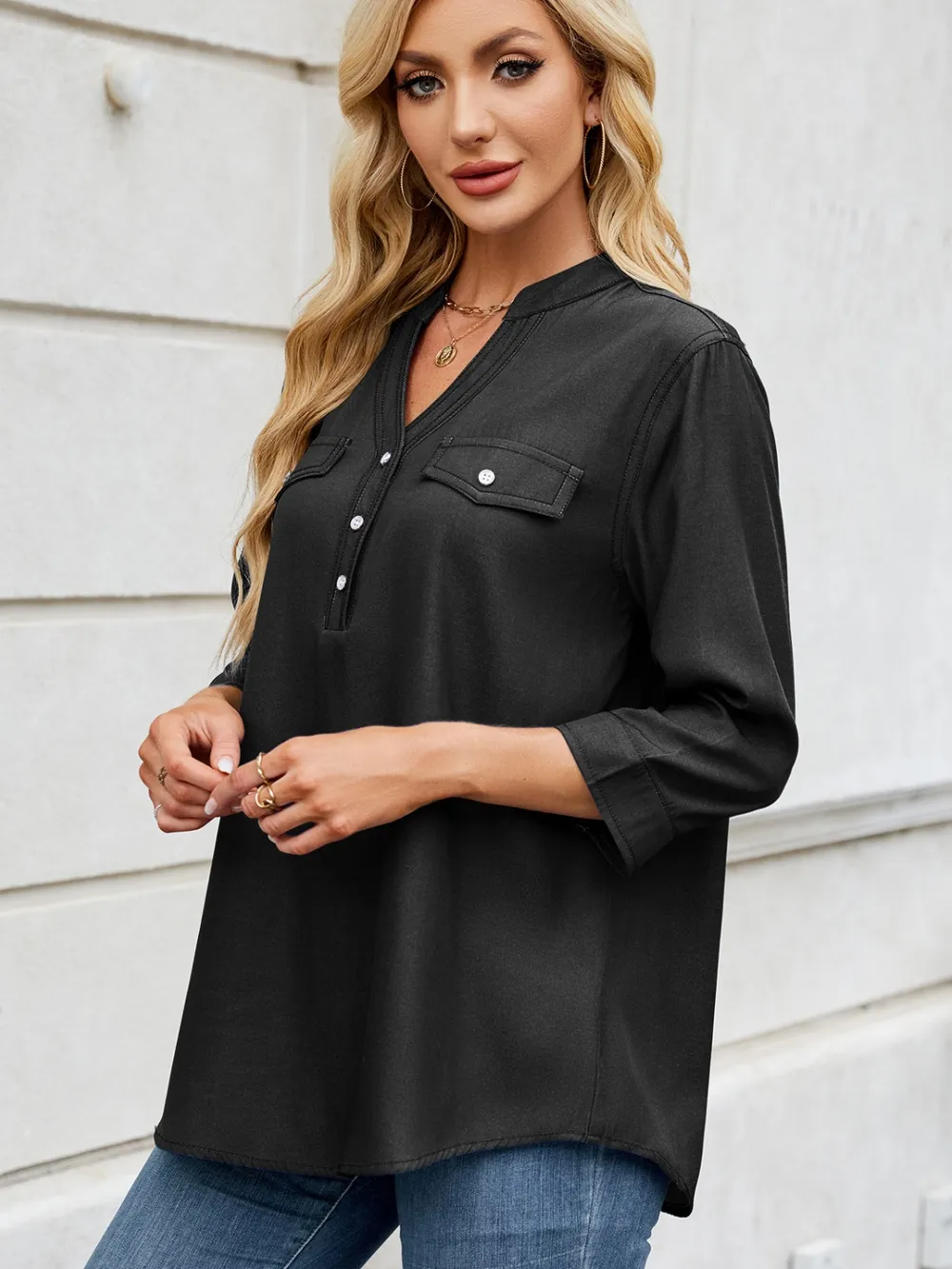 Notched Three-Quarter Sleeve Denim Top, image 5