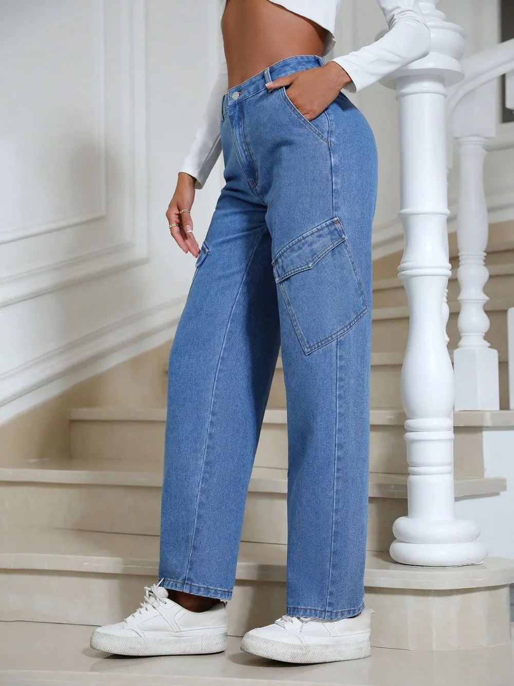 High Waist Straight Leg Jeans with Pockets, image 6