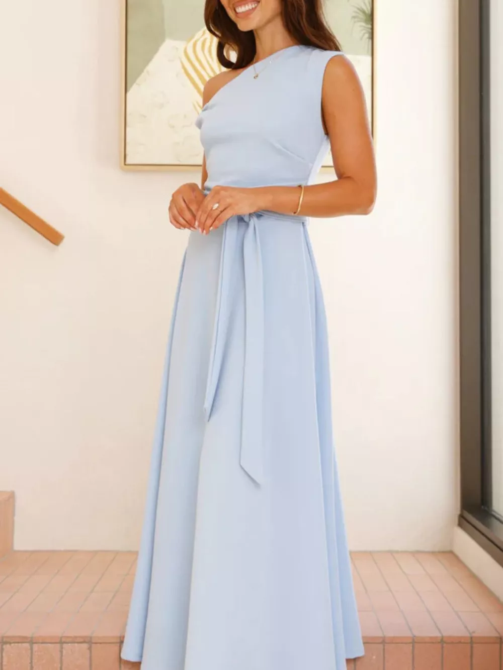 Single Shoulder Tie Waist Maxi Dress, image 6