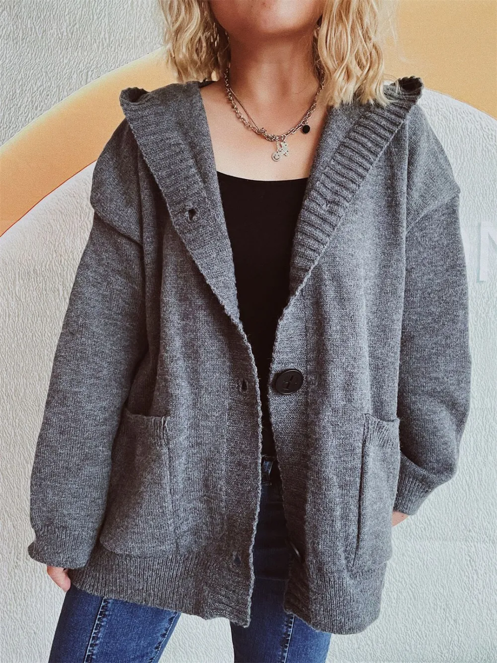 Dropped Shoulder Long Sleeve Hooded Cardigan, image 4