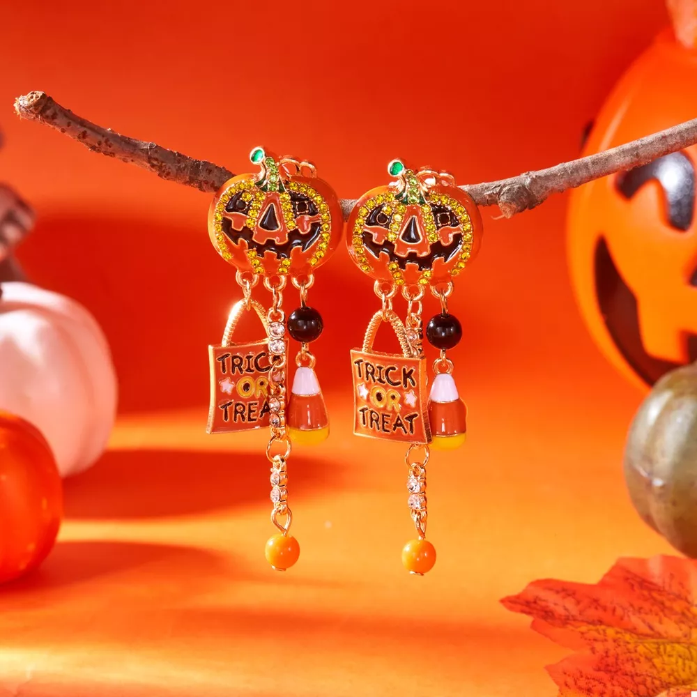 Halloween Rhinestone Pumpkin Drop Earrings, image 5