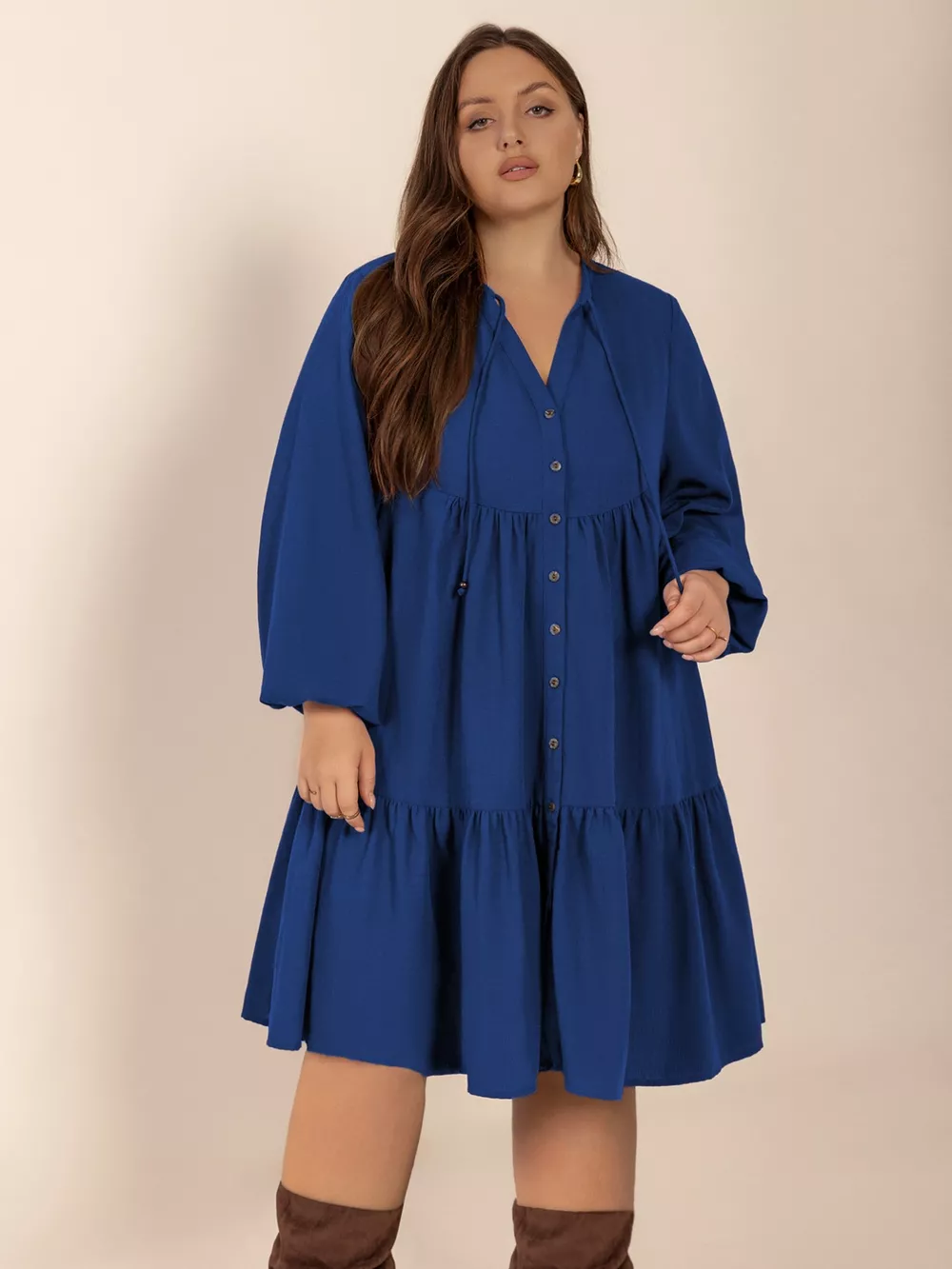 Plus Size Tie Neck Balloon Sleeve Dress, image 3