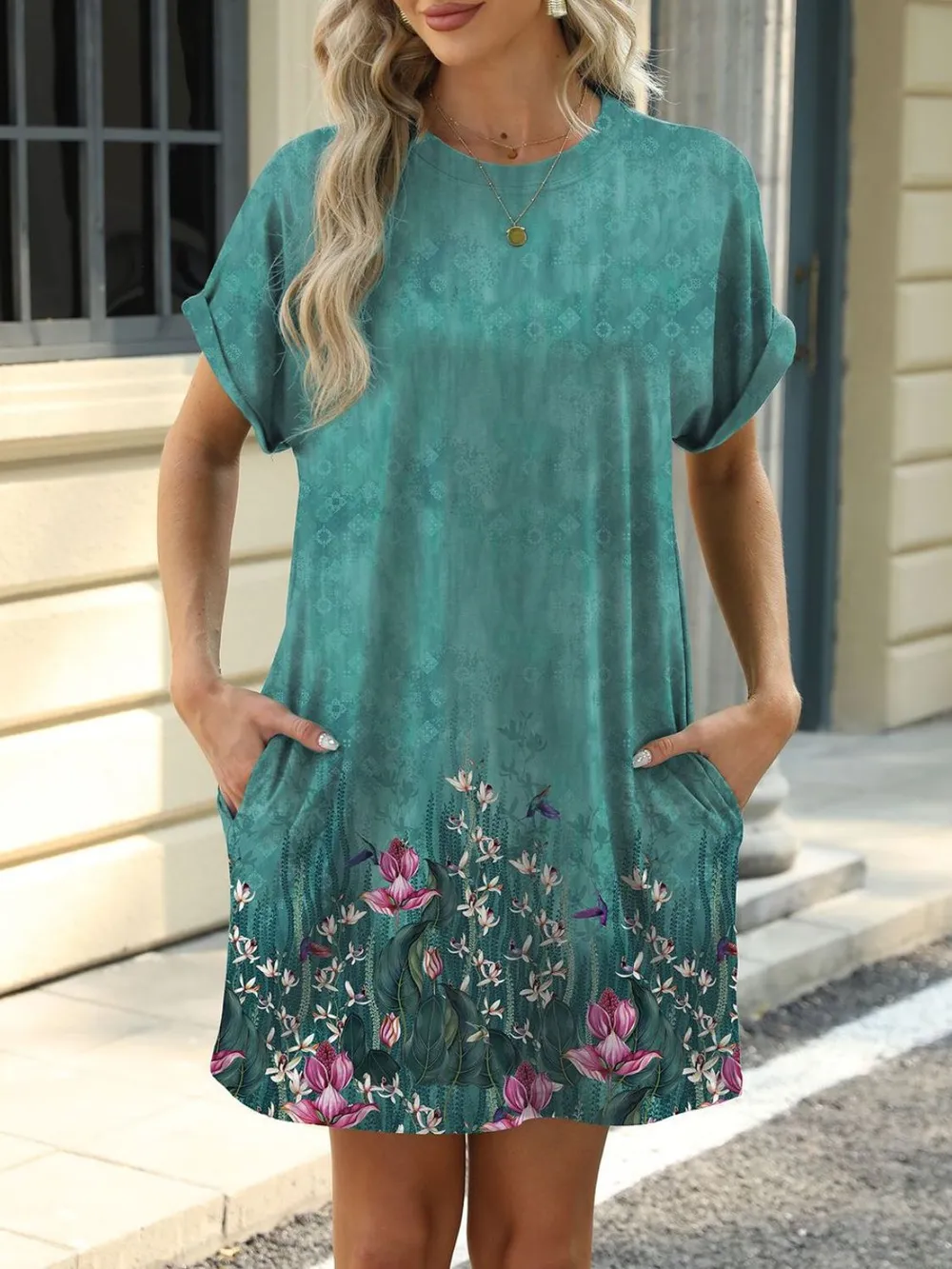 Printed Round Neck Short Sleeve Mini Dress, image 12