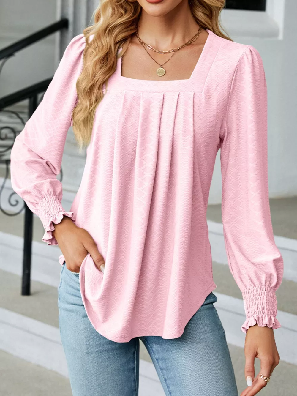Pleated Square Neck Long Sleeve Top, image 15