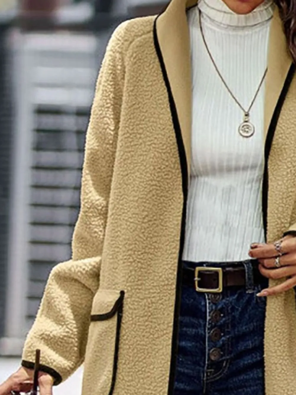 Full Size Contrast Trim Long Sleeve Coat with Pockets, image 4