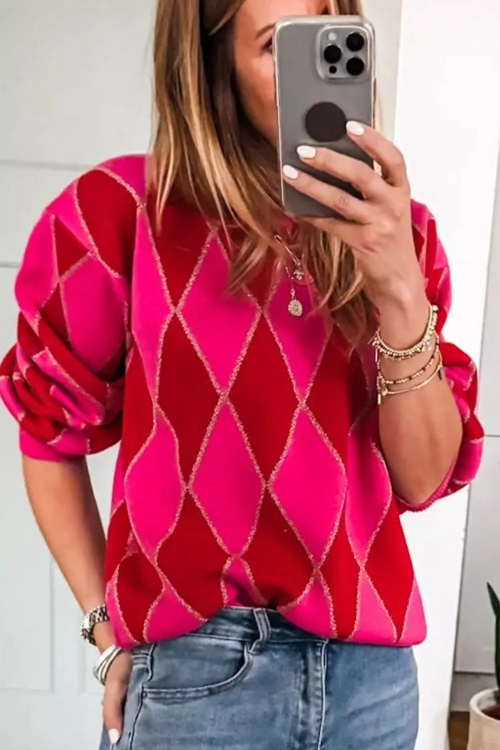 Argyle Pattern Long Sleeve Sweater, image 5